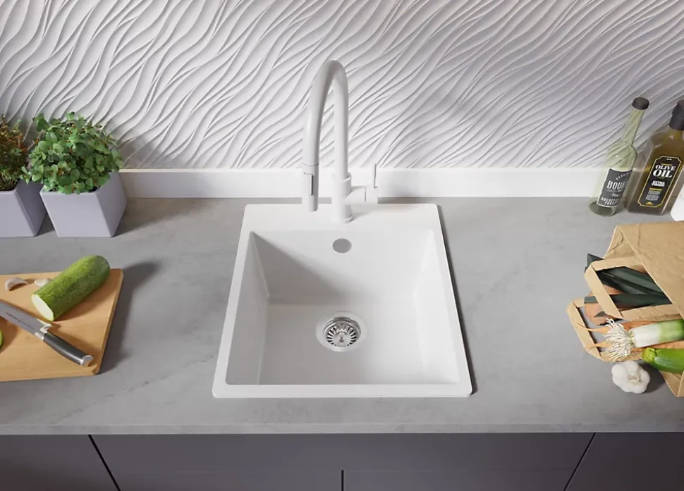 PRIMAGRAN Evier Cuisine en Granit Blanc 43x50cm, Lavabo 1 bac + Kit de Vidage, Évier à Encastrer au meuble 45cm - Riga