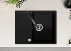 PRIMAGRAN Evier Cuisine en Granit Noir 62x50cm, Lavabo 1 bac + Kit de Vidage, Évier à Encastrer au meuble 45cm - Ibiza