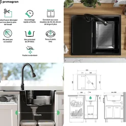 PRIMAGRAN Evier Cuisine en Granit Noir 62x50cm, Lavabo 1 bac + Kit de Vidage, Évier à Encastrer au meuble 45cm - Ibiza