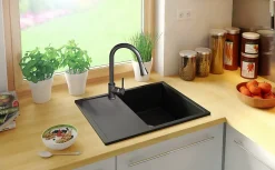PRIMAGRAN Evier Cuisine en Granit Noir 62x50cm, Lavabo 1 bac + Kit de Vidage, Évier à Encastrer au meuble 45cm - Ibiza