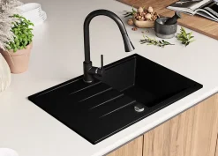 PRIMAGRAN Evier Cuisine en Granit Noir Métallisé 78x50cm, Lavabo 1 bac + Kit de Vidage, Évier à Encastrer au meuble 45cm - Milan