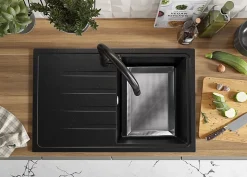 PRIMAGRAN Evier Cuisine en Granit Noir Métallisé 78x50cm, Lavabo 1 bac + Kit de Vidage, Évier à Encastrer au meuble 45cm - Milan
