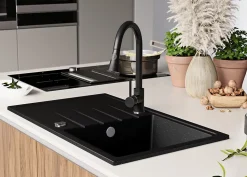 PRIMAGRAN Evier Cuisine en Granit Noir Métallisé 78x50cm, Lavabo 1 bac + Kit de Vidage, Évier à Encastrer au meuble 45cm - Milan