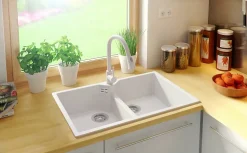 PRIMAGRAN Evier Cuisine en Granit Tout Blanc 78x50cm, Lavabo 2 bacs + Accessoires, Évier à Encastrer au meuble 80cm