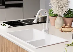 PRIMAGRAN Evier Cuisine en Granit Tout Blanc 78x50cm, Lavabo 2 bacs + Accessoires, Évier à Encastrer au meuble 80cm