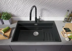PRIMAGRAN Evier Cuisine en Granit Graphite 78x53cm, Lavabo 1 bac + Kit de Vidage + Accessoires, Évier à Encastrer au meuble 80cm