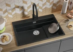 PRIMAGRAN Evier Cuisine en Granit Graphite 78x53cm, Lavabo 1 bac + Kit de Vidage + Accessoires, Évier à Encastrer au meuble 80cm