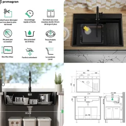 PRIMAGRAN Evier Cuisine en Granit Graphite 78x53cm, Lavabo 1 bac + Kit de Vidage + Accessoires, Évier à Encastrer au meuble 80cm