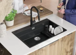 PRIMAGRAN Evier Cuisine en Granit Graphite 78x53cm, Lavabo 1 bac + Kit de Vidage + Accessoires, Évier à Encastrer au meuble 80cm