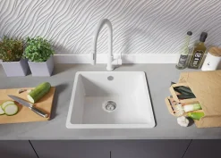 PRIMAGRAN Evier Cuisine en Granit Tout Blanc 46x44cm, Lavabo 1 bac + Accessoires, Évier à Encastrer au meuble 50cm