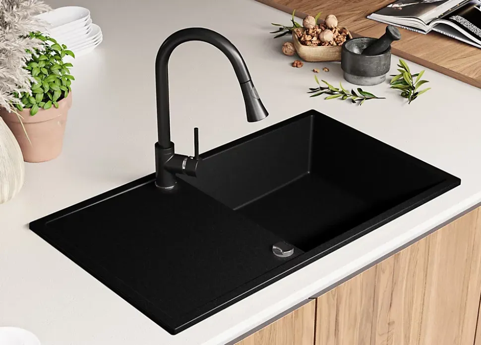 PRIMAGRAN Evier Cuisine en Granit Noir 90x50cm, Lavabo 1 bac + Kit de Vidage, Évier à Encastrer au meuble 60cm - Ibiza