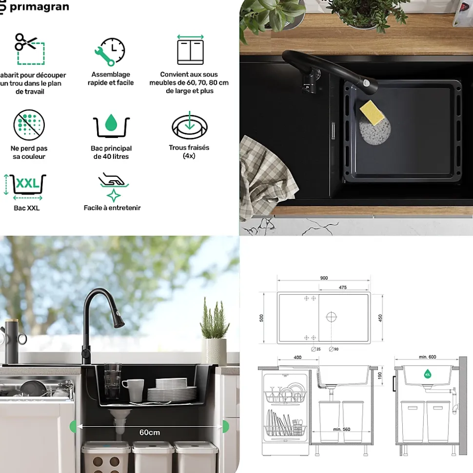 PRIMAGRAN Evier Cuisine en Granit Noir 90x50cm, Lavabo 1 bac + Kit de Vidage, Évier à Encastrer au meuble 60cm - Ibiza