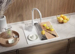 PRIMAGRAN Evier Cuisine en Granit Blanc 55x50cm, Lavabo 1 bac + Kit de Vidage + Accessoires, Évier à Encastrer au meuble 40cm