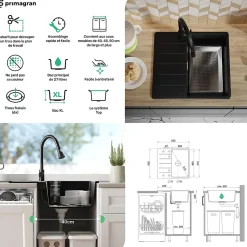 PRIMAGRAN Evier Cuisine en Granit Blanc 55x50cm, Lavabo 1 bac + Kit de Vidage + Accessoires, Évier à Encastrer au meuble 40cm