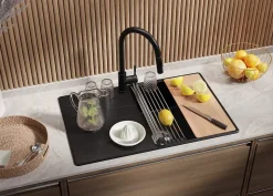 PRIMAGRAN Evier Cuisine en Granit Noir 78x50cm, Lavabo 1 bac + Kit de Vidage + Accessoires, Évier à Encastrer au meuble 50cm