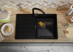 PRIMAGRAN Evier Cuisine en Granit Noir 78x50cm, Lavabo 1 bac + Kit de Vidage + Accessoires, Évier à Encastrer au meuble 50cm