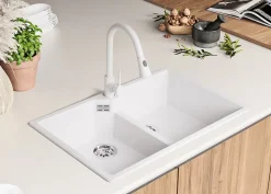 PRIMAGRAN Evier Cuisine en Granit Blanc 78x50cm, Lavabo 2 bacs + Kit de Vidage, Évier à Encastrer au meuble 80cm - Madrid Twin