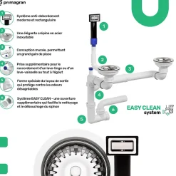 PRIMAGRAN Evier Cuisine en Granit Blanc 78x50cm, Lavabo 2 bacs + Kit de Vidage, Évier à Encastrer au meuble 80cm - Madrid Twin