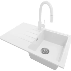 PRIMAGRAN Evier Cuisine en Granit Blanc 78x50cm, Lavabo 1 bac + Kit de Vidage + Accessoires, Évier à Encastrer au meuble 45cm