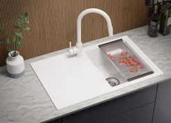 PRIMAGRAN Evier Cuisine en Granit Blanc 78x50cm, Lavabo 1 bac + Kit de Vidage + Accessoires, Évier à Encastrer au meuble 45cm