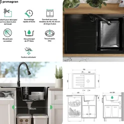 PRIMAGRAN Evier Cuisine en Granit Blanc 78x50cm, Lavabo 1 bac + Kit de Vidage + Accessoires, Évier à Encastrer au meuble 45cm