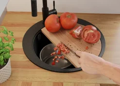 PRIMAGRAN Evier cuisine Granit Rond Graphite 50x50cm, Evier 1 bac + Kit de Vidage + Accessoires, Lavabo Cuisine au meuble 45cm