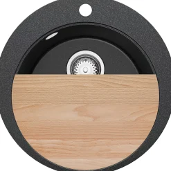 PRIMAGRAN Evier cuisine Granit Rond Graphite 50x50cm, Evier 1 bac + Kit de Vidage + Accessoires, Lavabo Cuisine au meuble 45cm