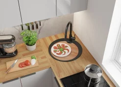 PRIMAGRAN Evier cuisine Granit Rond Graphite 50x50cm, Evier 1 bac + Kit de Vidage + Accessoires, Lavabo Cuisine au meuble 45cm