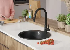 PRIMAGRAN Evier cuisine Granit Rond Graphite 50x50cm, Evier 1 bac + Kit de Vidage + Accessoires, Lavabo Cuisine au meuble 45cm