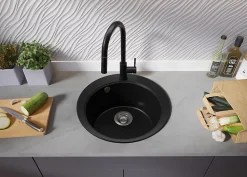 PRIMAGRAN Evier cuisine Granit Rond Noir 50x50cm, Evier 1 bac + Kit de Vidage + Accessoires, Lavabo Cuisine au meuble 45cm - Pise