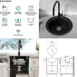 PRIMAGRAN Evier cuisine Granit Rond Noir 50x50cm, Evier 1 bac + Kit de Vidage + Accessoires, Lavabo Cuisine au meuble 45cm - Pise