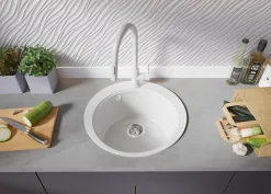 PRIMAGRAN Evier cuisine Granit Rond Blanc 50x50cm, Evier 1 bac + Kit de Vidage + Accessoires, Lavabo Cuisine au meuble 45cm