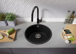 PRIMAGRAN Evier cuisine Granit Rond Noir Métallisé 46x46cm, Evier 1 bac + Accessoires, Lavabo Cuisine au meuble 50cm