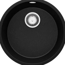 PRIMAGRAN Evier cuisine Granit Rond Noir Métallisé 46x46cm, Evier 1 bac + Accessoires, Lavabo Cuisine au meuble 50cm