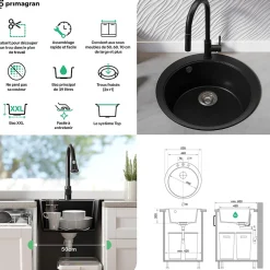 PRIMAGRAN Evier cuisine Granit Rond Beige 53x53cm, Evier 1 bac + Kit de Vidage + Accessoires, Lavabo Cuisine au meuble 50cm