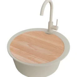 PRIMAGRAN Evier cuisine Granit Rond Beige 53x53cm, Evier 1 bac + Kit de Vidage + Accessoires, Lavabo Cuisine au meuble 50cm
