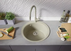 PRIMAGRAN Evier cuisine Granit Rond Beige 53x53cm, Evier 1 bac + Kit de Vidage + Accessoires, Lavabo Cuisine au meuble 50cm