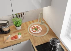 PRIMAGRAN Evier cuisine Granit Rond Beige 53x53cm, Evier 1 bac + Kit de Vidage + Accessoires, Lavabo Cuisine au meuble 50cm