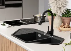 PRIMAGRAN Evier d'angle en Granit Tout Noir 90x50cm, Lavabo Cuisine 1,5 bacs + Accessoires, Évier à Encastrer au meuble 80cm