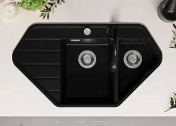 PRIMAGRAN Evier d'angle en Granit Tout Noir 90x50cm, Lavabo Cuisine 1,5 bacs + Accessoires, Évier à Encastrer au meuble 80cm