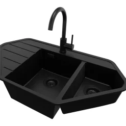PRIMAGRAN Evier d'angle en Granit Tout Noir 90x50cm, Lavabo Cuisine 1,5 bacs + Accessoires, Évier à Encastrer au meuble 80cm