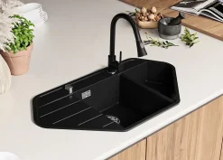 PRIMAGRAN Evier d'angle en Granit Tout Noir 90x50cm, Lavabo Cuisine 1,5 bacs + Accessoires, Évier à Encastrer au meuble 80cm