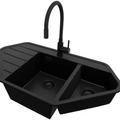 PRIMAGRAN Evier d'angle en Granit Tout Noir 90x50cm, Lavabo Cuisine 1,5 bacs + Accessoires, Évier à Encastrer au meuble 80cm