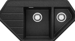 PRIMAGRAN Evier d'angle en Granit Graphite 90x50cm, Lavabo Cuisine 1,5 bacs + Accessoires, Évier à Encastrer au meuble 80cm