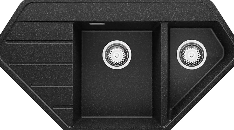 PRIMAGRAN Evier d'angle en Granit Graphite 90x50cm, Lavabo Cuisine 1,5 bacs + Accessoires, Évier à Encastrer au meuble 80cm