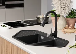 PRIMAGRAN Evier d'angle en Granit Graphite 90x50cm, Lavabo Cuisine 1,5 bacs + Accessoires, Évier à Encastrer au meuble 80cm