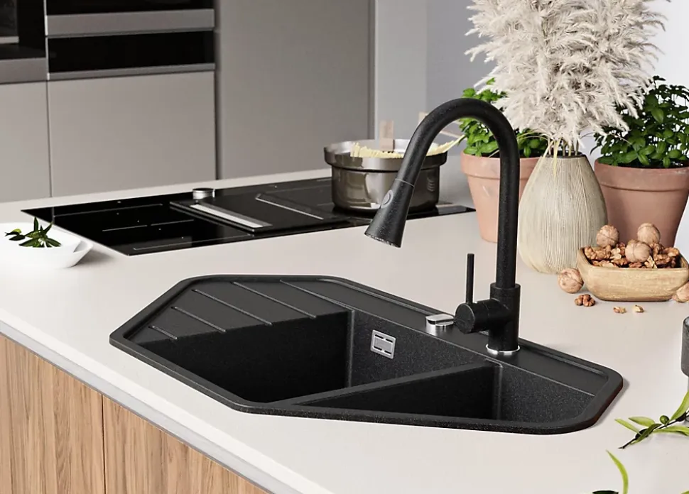 PRIMAGRAN Evier d'angle en Granit Graphite 90x50cm, Lavabo Cuisine 1,5 bacs + Accessoires, Évier à Encastrer au meuble 80cm