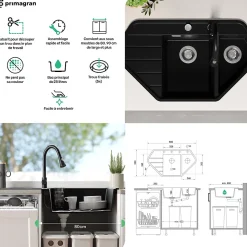PRIMAGRAN Evier d'angle en Granit Graphite 90x50cm, Lavabo Cuisine 1,5 bacs + Accessoires, Évier à Encastrer au meuble 80cm
