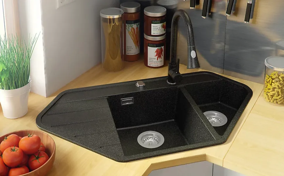 PRIMAGRAN Evier d'angle en Granit Graphite 90x50cm, Lavabo Cuisine 1,5 bacs + Accessoires, Évier à Encastrer au meuble 80cm