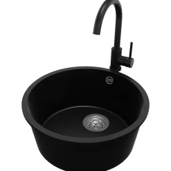 PRIMAGRAN Evier Sous Plan Noir 46x46cm, Evier en Granit 1 bac + Kit de Vidage + Accessoires, Évier au meuble 50cm - La Valette